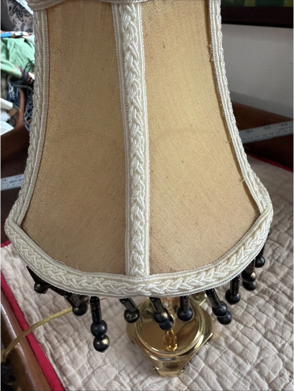 VTG Brass Table Lamp w/ Crystal Rabbit Figure Cottage Beaded Shade Shabby Chic